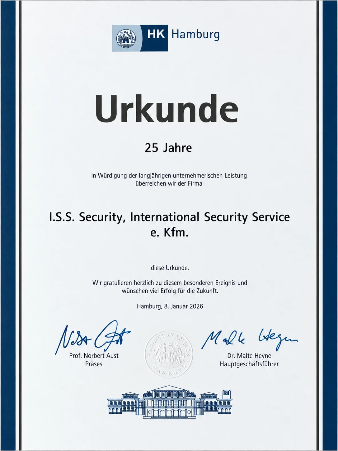 Handelskammer Hamburg – 25 Jahre I.S.S. Security, 8. Januar 2026
